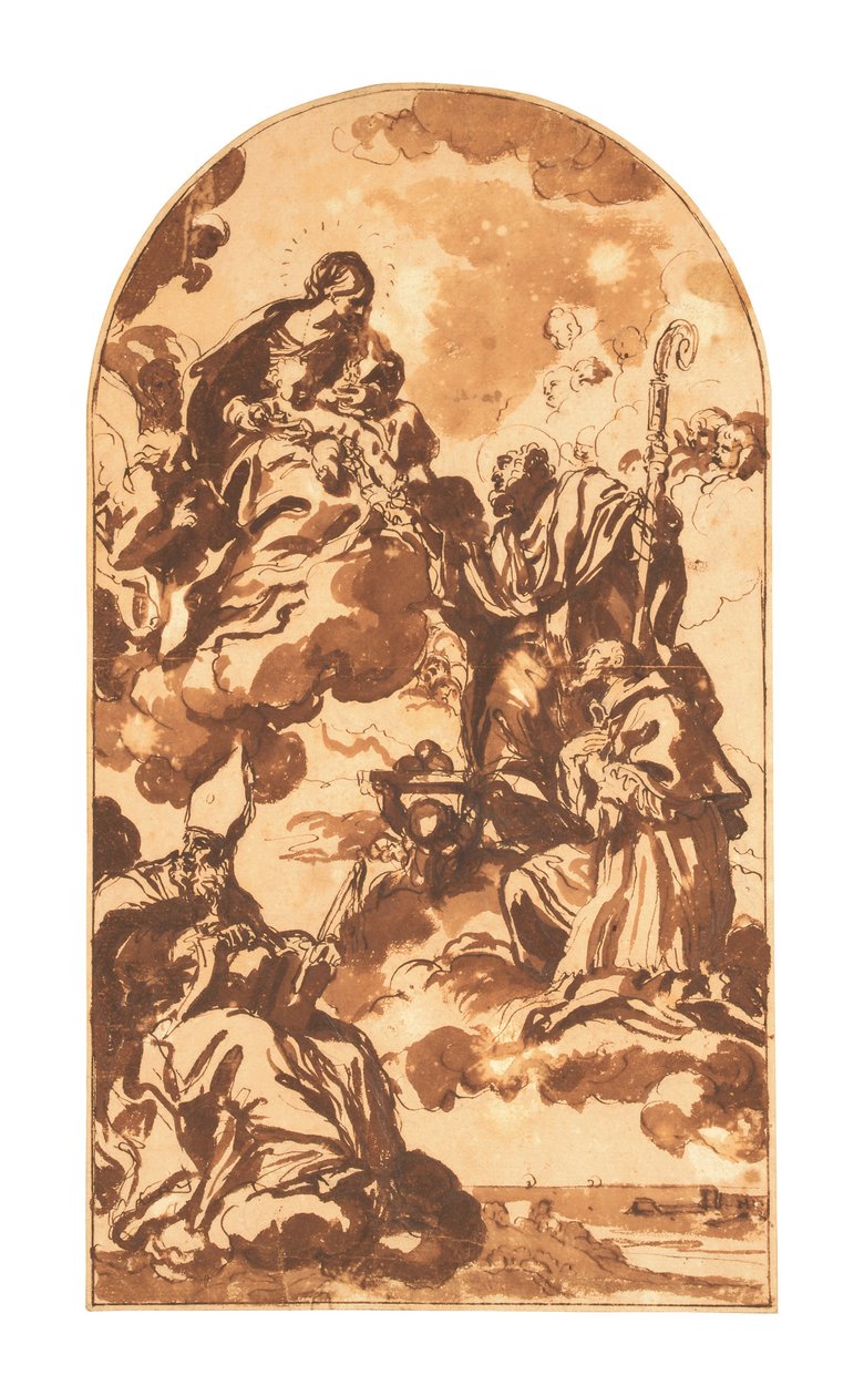 Madonnan och barnet som framträder för de heliga Ambrosius, Franciskus av Sales och Nikolaus av Bari (svart krita, penna  brunt bläck  brun lavering på papper) av Carlo Maratta or Maratti