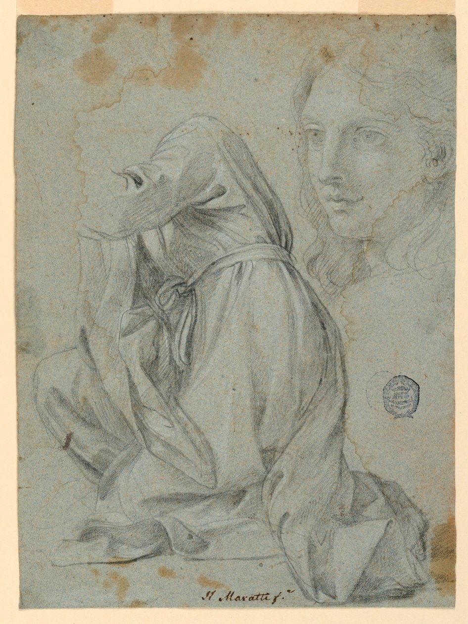 Teckning, studier: En knäböjande kvinnas tyg. Huvudet av en ung kvinna, 1650-1675 av Carlo Maratti