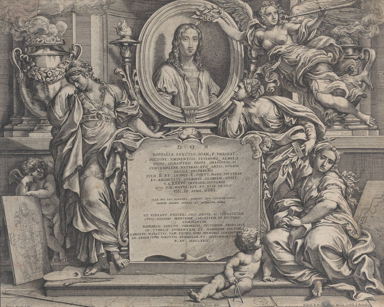 Frontispice med ovalt porträtt av Raphael, med tre allegoriska figurer av konsten sup..., 1675. av Carlo Maratti