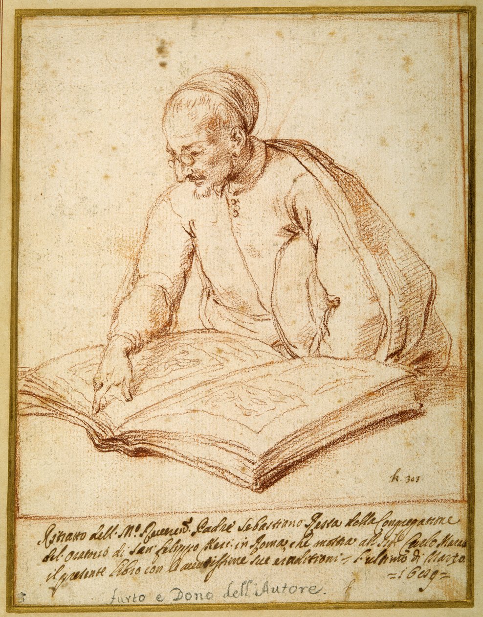 Padre Sebastiano Resta undersöker en folio av teckningar (röd krita på papper) av Carlo Maratti