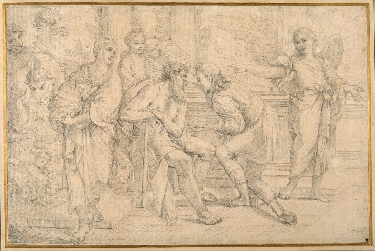 Tobias botar Tobits blindhet med fiskens galla (svart krita på papper) av Carlo Maratti