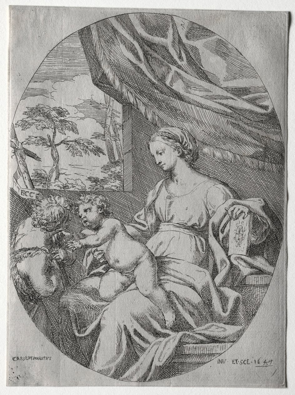 Jungfru och barn med spädbarnet St. John, 1647. av Carlo Maratta or Maratti