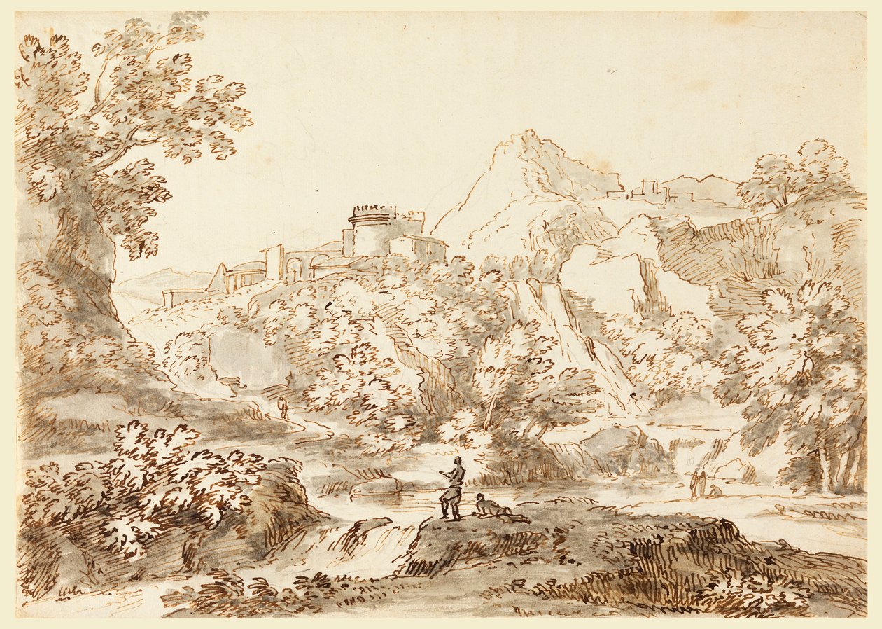 Teckning, Ett landskap med stad, 1750-1770 av Carlo Marchionni