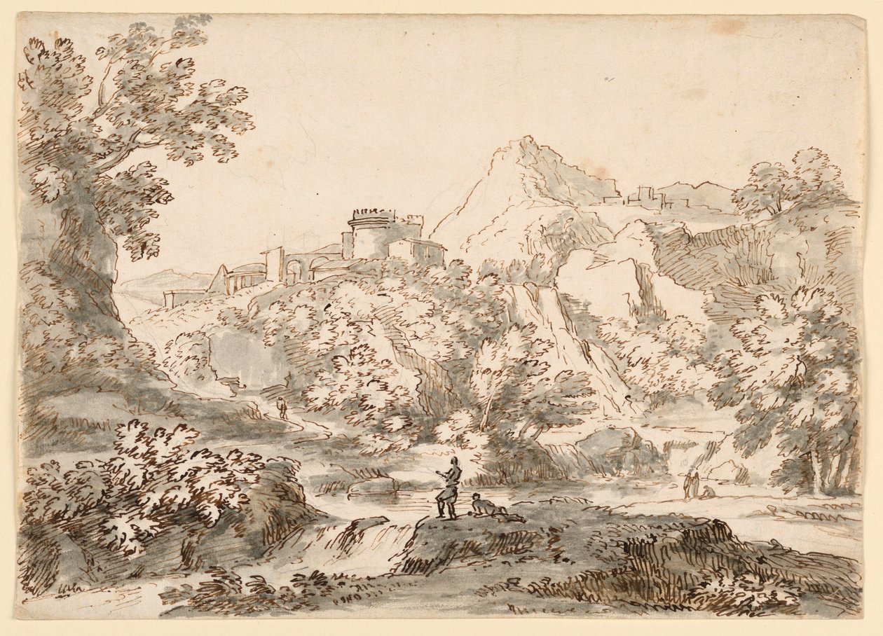 Teckning, Ett landskap med stad, 1750-1770 av Carlo Marchionni