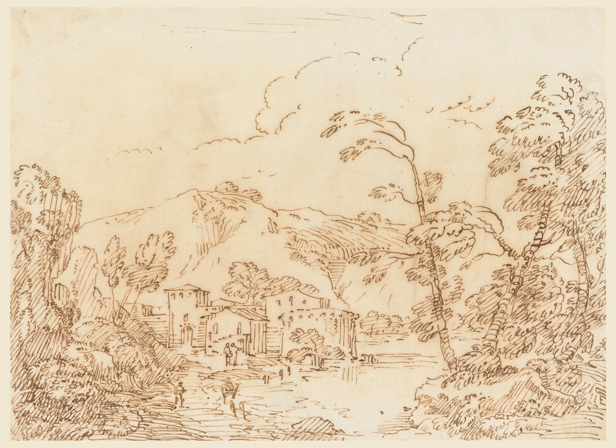 Teckning, En by vid en bäck i ett bergigt landskap, 1770-86 av Carlo Marchionni