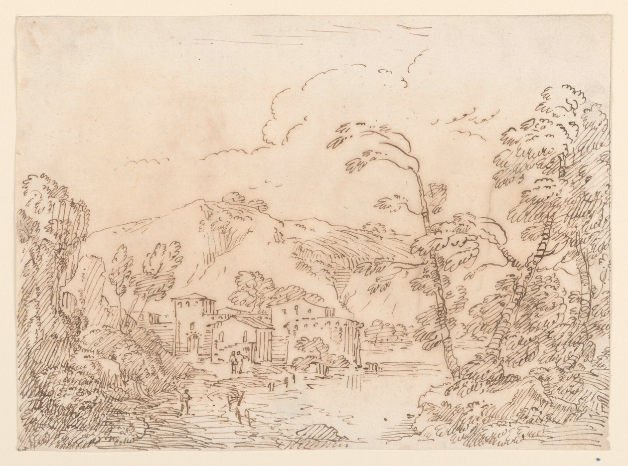 Teckning, En by vid en bäck i ett bergigt landskap, 1770-86 av Carlo Marchionni