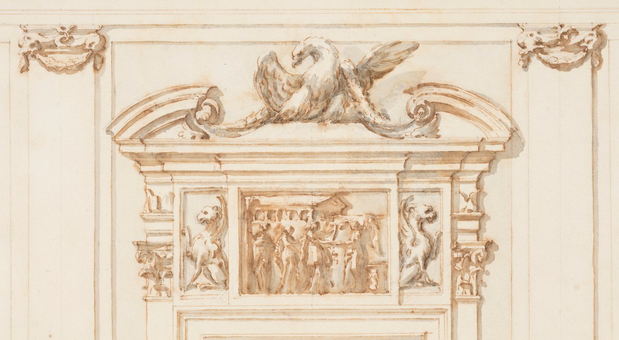Ritning, Förslag till den norra portalen, Stora galleriet, Villa Albani, Rom, Italien, 1755-56 av Carlo Marchionni