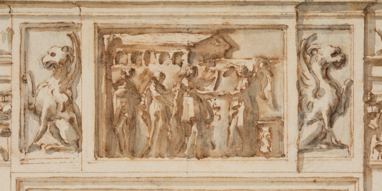 Ritning, Förslag till den norra portalen, Stora galleriet, Villa Albani, Rom, Italien, 1755-56 av Carlo Marchionni