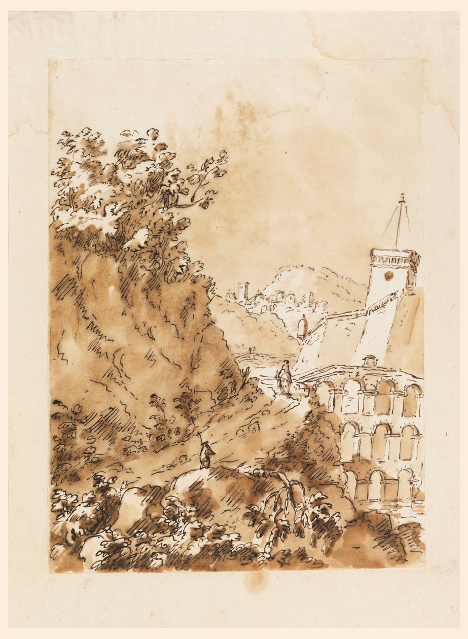 Teckning, Landskap med bergsstad, 1760-80 av Carlo Marchionni