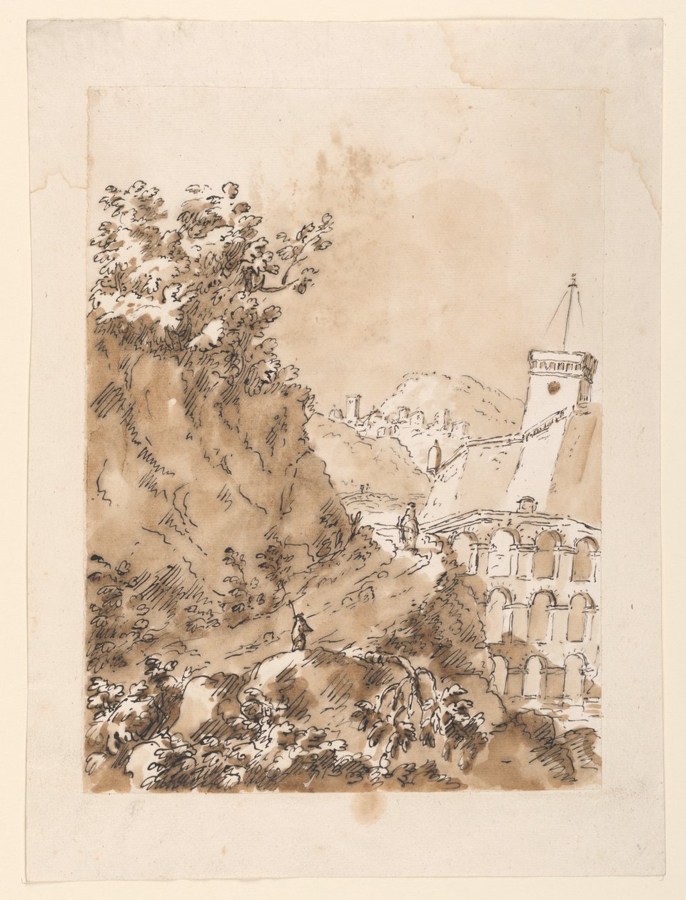 Teckning, Landskap med bergsstad, 1760-80 av Carlo Marchionni