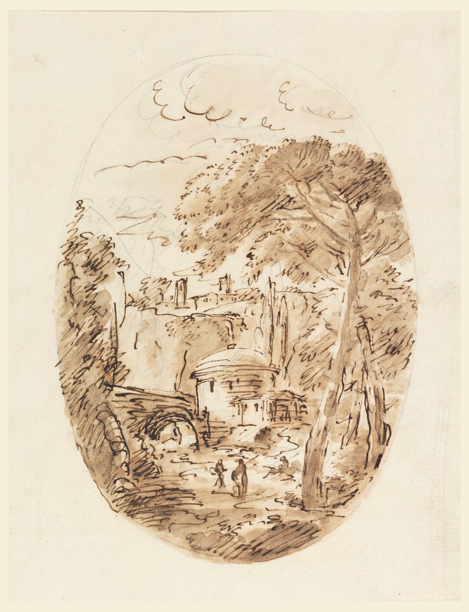 Teckning, Landskap med ryttare och bro, 1750-1786 av Carlo Marchionni
