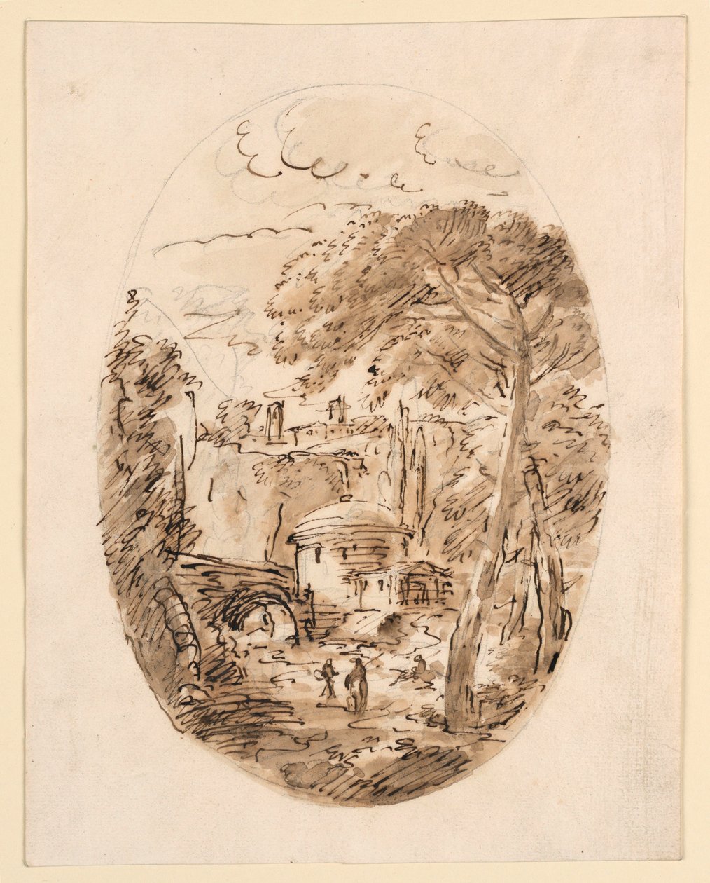 Teckning, Landskap med ryttare och bro, 1750-1786 av Carlo Marchionni