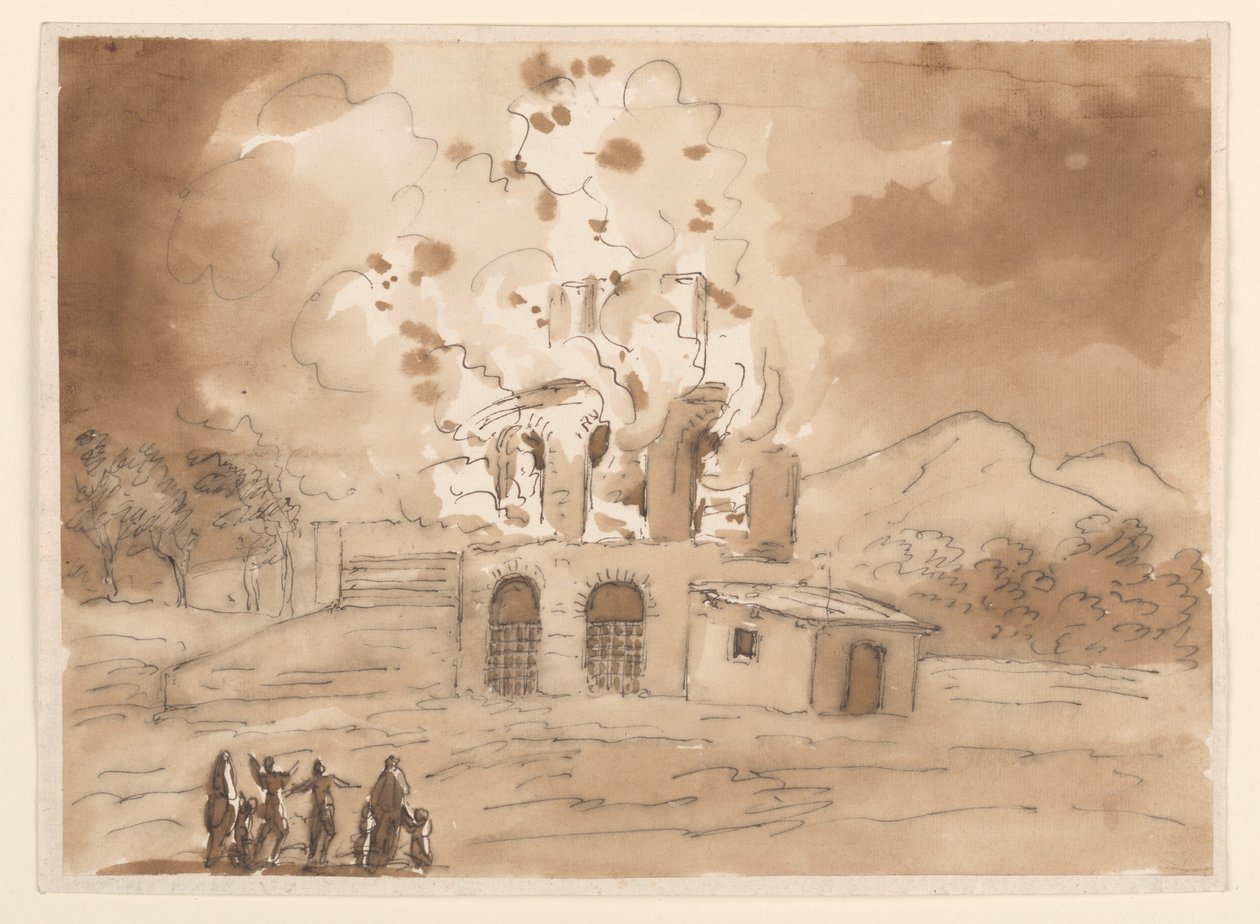 Teckning, Landskap med brinnande torn, ca 1780 av Carlo Marchionni