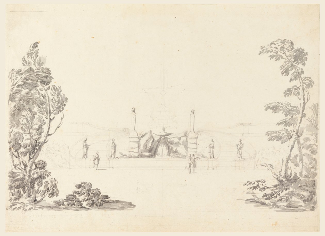 Teckning, Skiss till en fontän i en park, 1740 av Carlo Marchionni