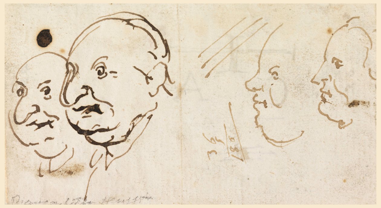 Teckning, Skisser av fyra huvuden i karikatyr, 1725-75 av Carlo Marchionni