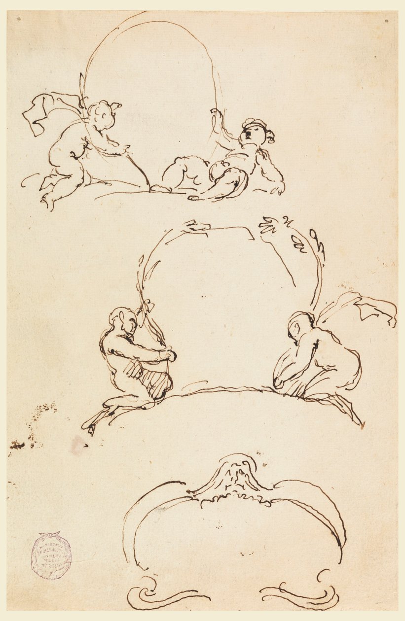 Teckning, Tre skisser till kartuscher, före 1775 av Carlo Marchionni
