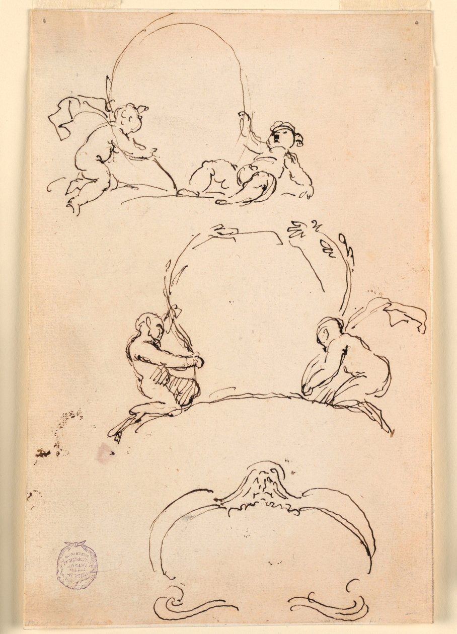 Teckning, Tre skisser till kartuscher, före 1775 av Carlo Marchionni