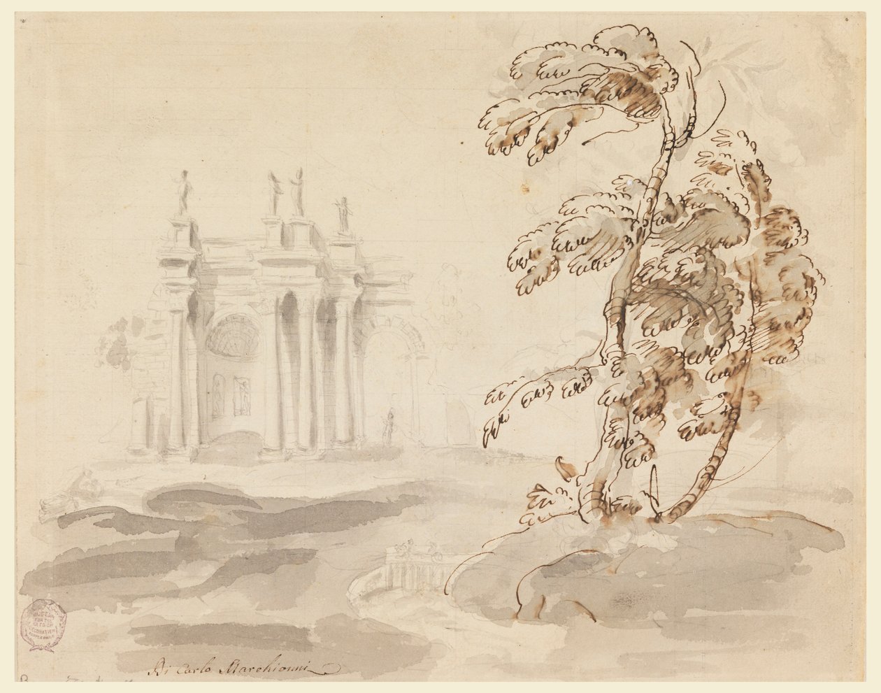 Teckning, Träd i landskap med byggnad, 1756-78 av Carlo Marchionni