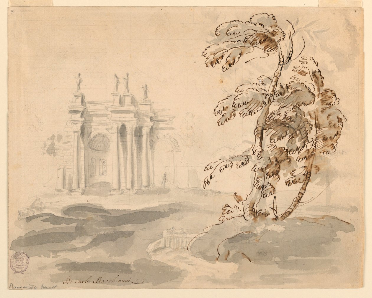 Teckning, Träd i landskap med byggnad, 1756-78 av Carlo Marchionni