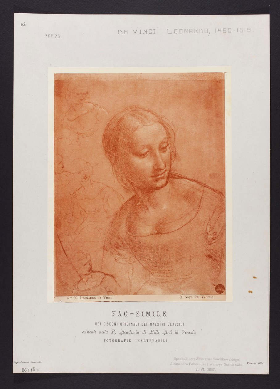 Studie eines weiblichen Büstenbildes, Zeichnung von Leonardo da Vinci (1452-1519) aus der Sammlung der R. Accademia di Belle Arti in Venedig; Tafel aus der Mappe: "Fac-simile dei disegni originali dei maestri classici esistenti nella R. Academia di Belle A av Carlo Naya