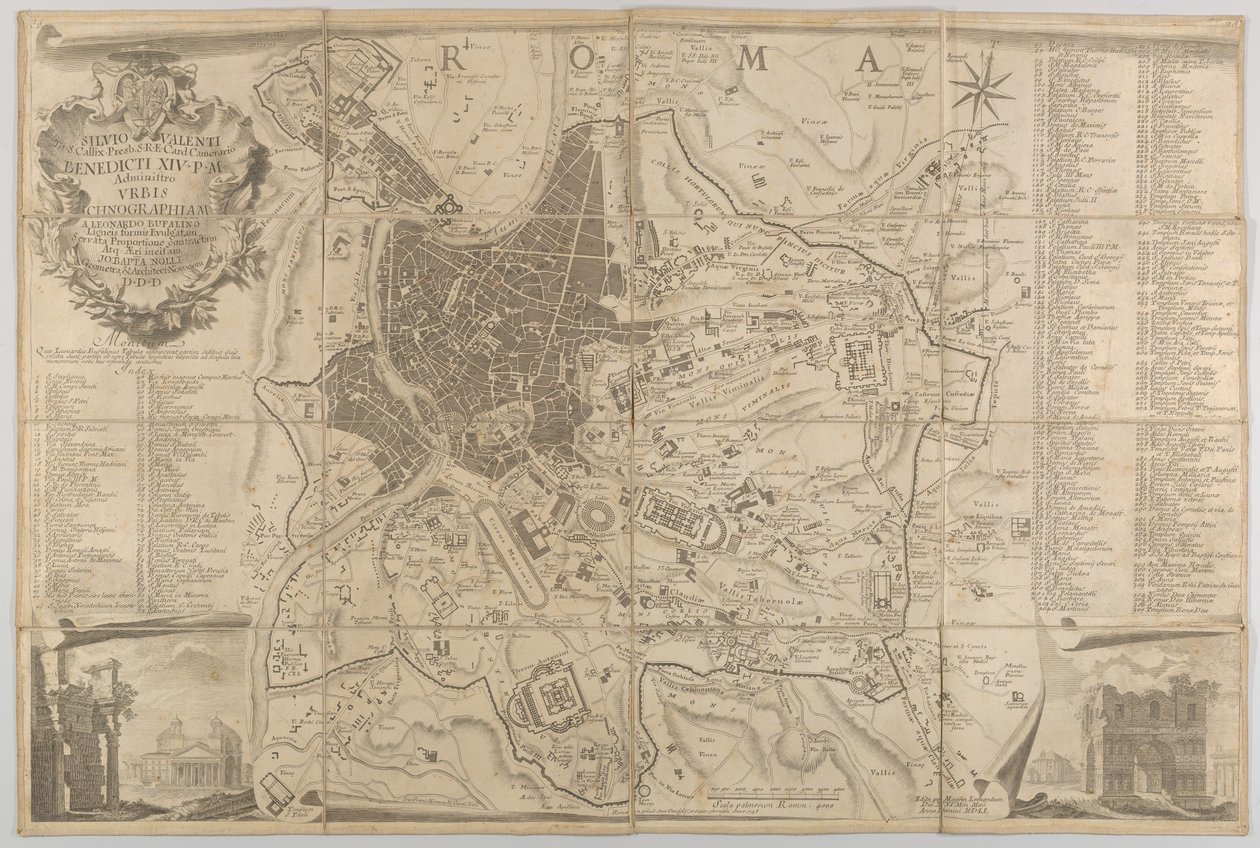 Plan över det antika Rom med utsikt över Pantheon nere till vänster och en triumfbåge nedre rig..., 1748 av Carlo Nolli