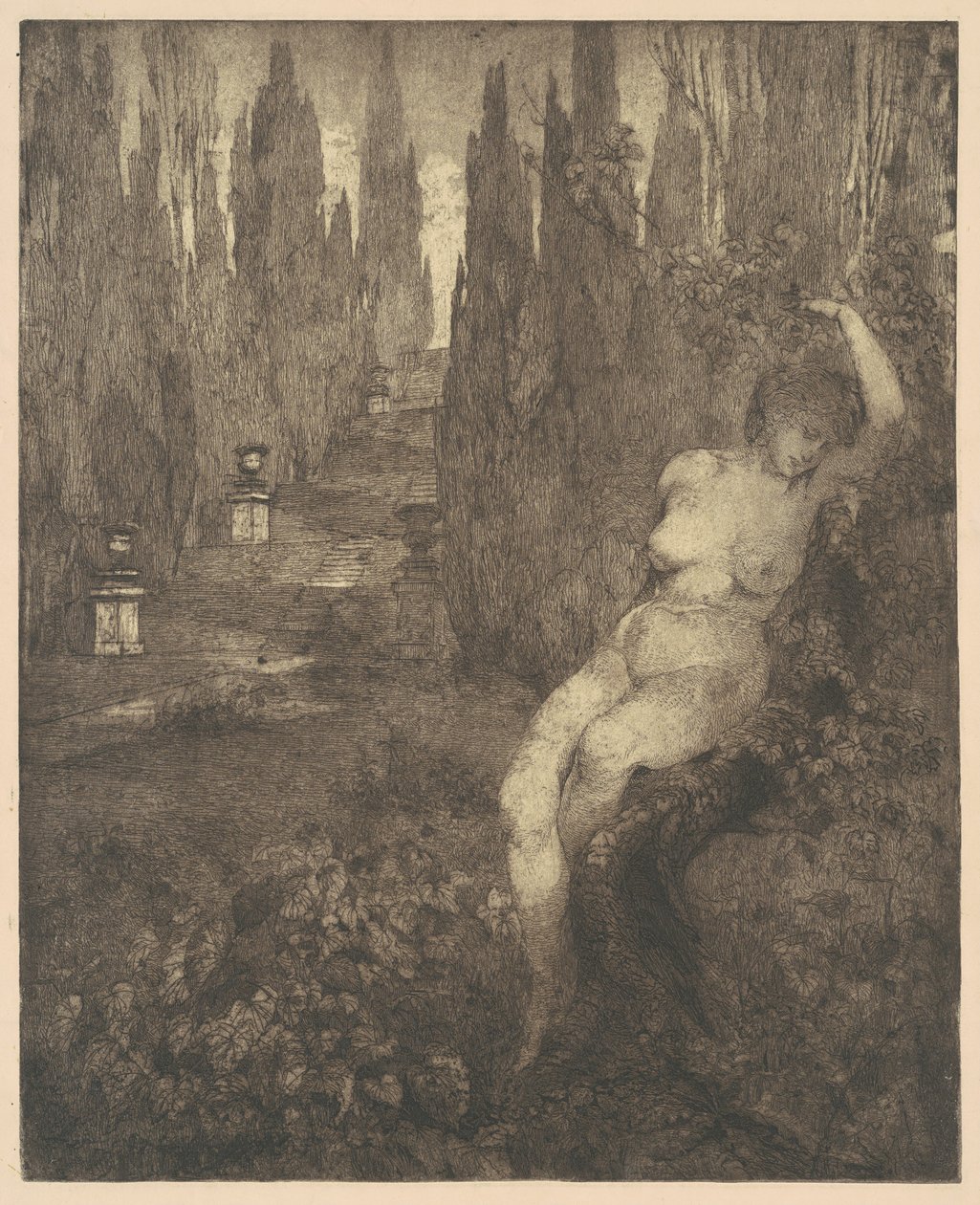 Naken kvinna sover i parken, 1890-talet. av Carlo Paolo Agazzi