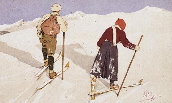 Längdskidåkare (färg litho) av Carlo Pellegrini