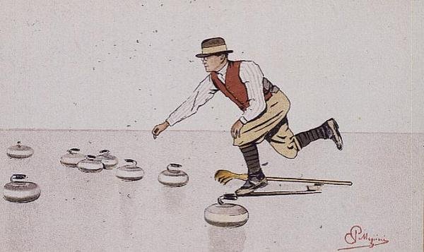 Man som kastar en sten i ett spel curling (färg litho) av Carlo Pellegrini