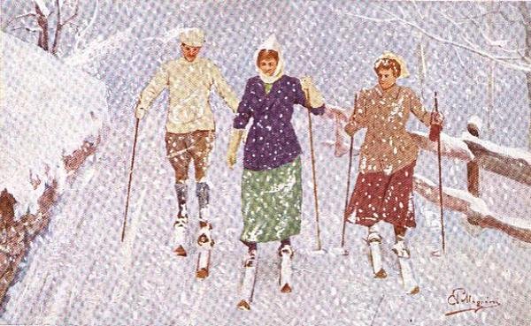Tre skidåkare i en snöstorm (färg litho) av Carlo Pellegrini