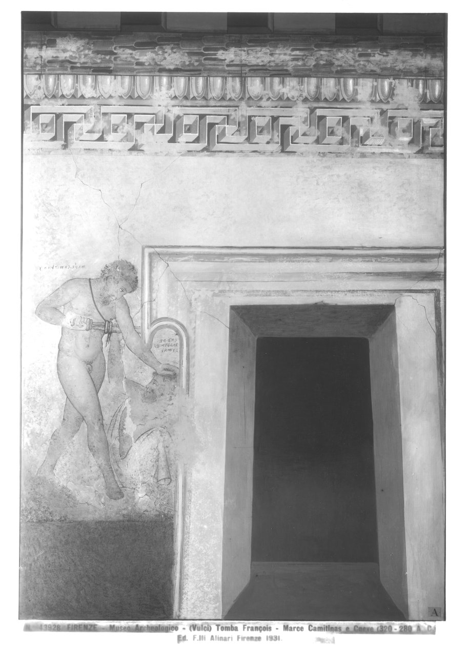 Eteocles och Polynices, rekonstruktion av den etruskiska väggmålningen i Francois-graven vid Vulci ca 320-280 f.Kr. (väggmålning) (se även 212367, 214590, 214591) av Carlo Ruspi