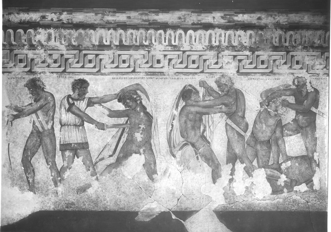Rekonstruktion av den etruskiska väggmålningen i Francois-graven vid Vulci ca 320-280 f.Kr. (väggmålning) (se även 212367, 212368 & 214591) av Carlo Ruspi