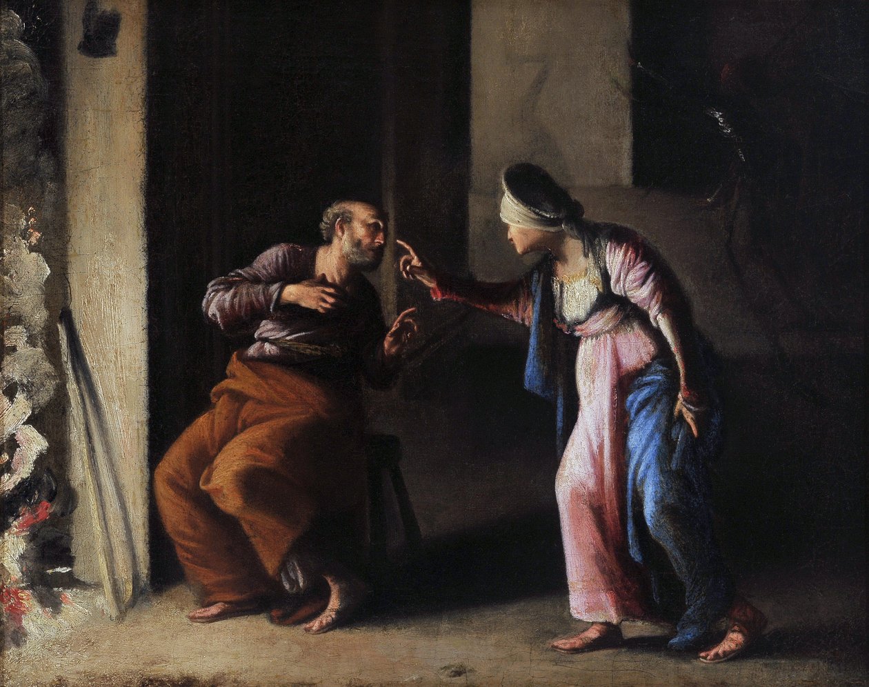 St Peters förnekande. Målning av Carlo Saraceni (1579-1620). Olja på duk. Mått: 38x48cm. Musee Granet, Aix en Provence. av Carlo Saraceni