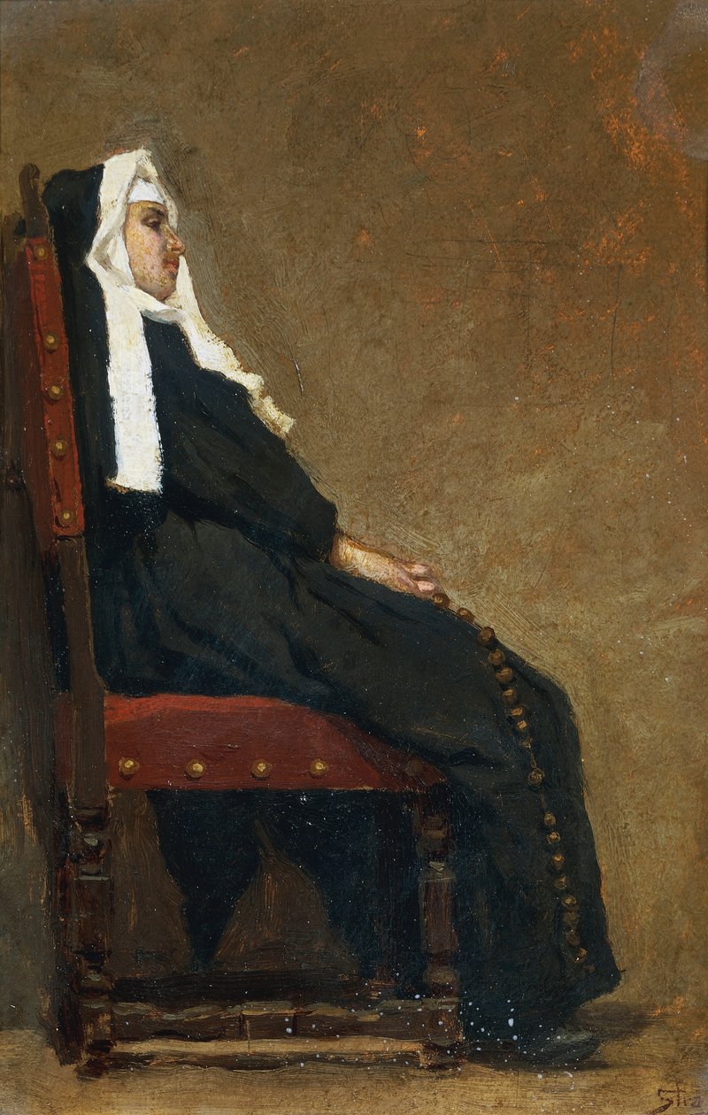 Nunna, av Carlo Stragliati (1869-1925), olja på kartong, 30,5x20,5 cm. av Carlo Stragliati