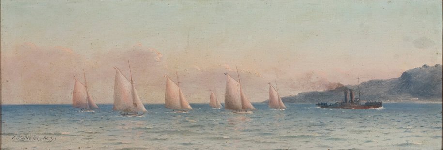  Seascape with Sailing Competition and a TowboatnPortugues: Marinha com Regata a Velas e Rebocadorn av Carlos Balliester