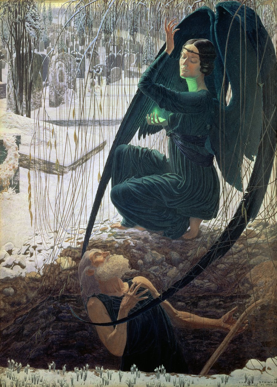 The Death and the Gravedigger, 1900 (gouache, akvarell och penna) av Carlos Schwabe