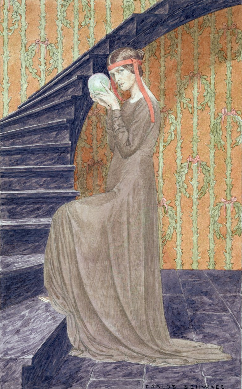 Ung kvinna i klänning i estetisk stil som håller en sfär, 1894 av Carlos Schwabe
