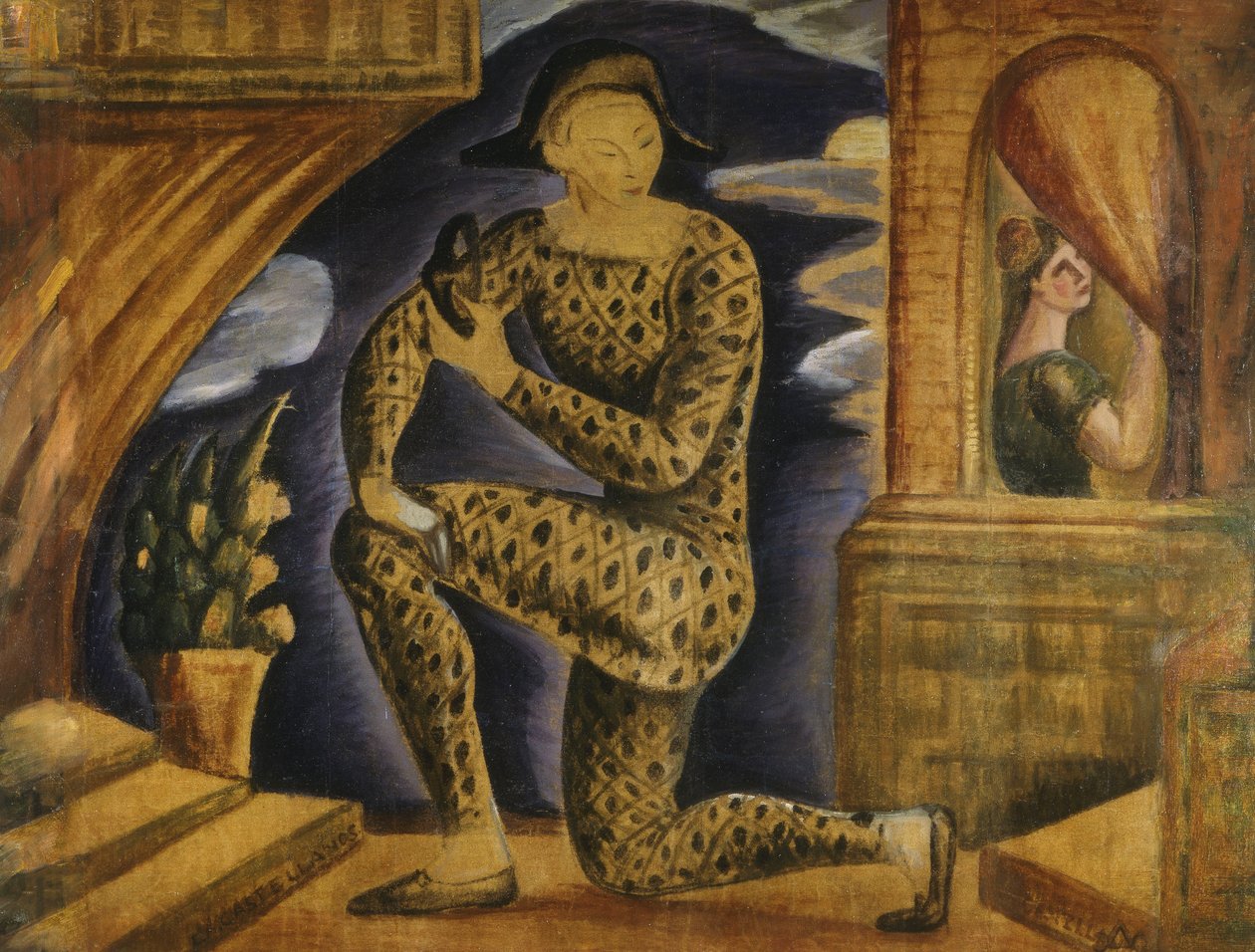 Harlekin och Colombine (olja på duk) av Carlos Alberto Castellanos