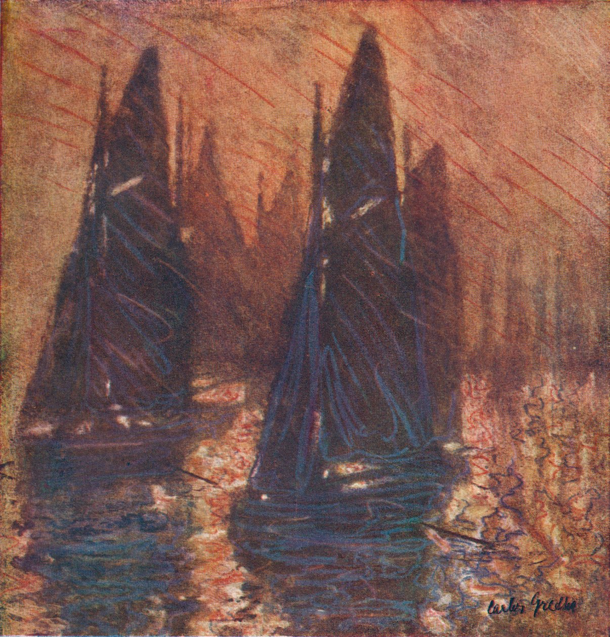Fiskebåtar i dimma, c1913. av Carlos Grethe