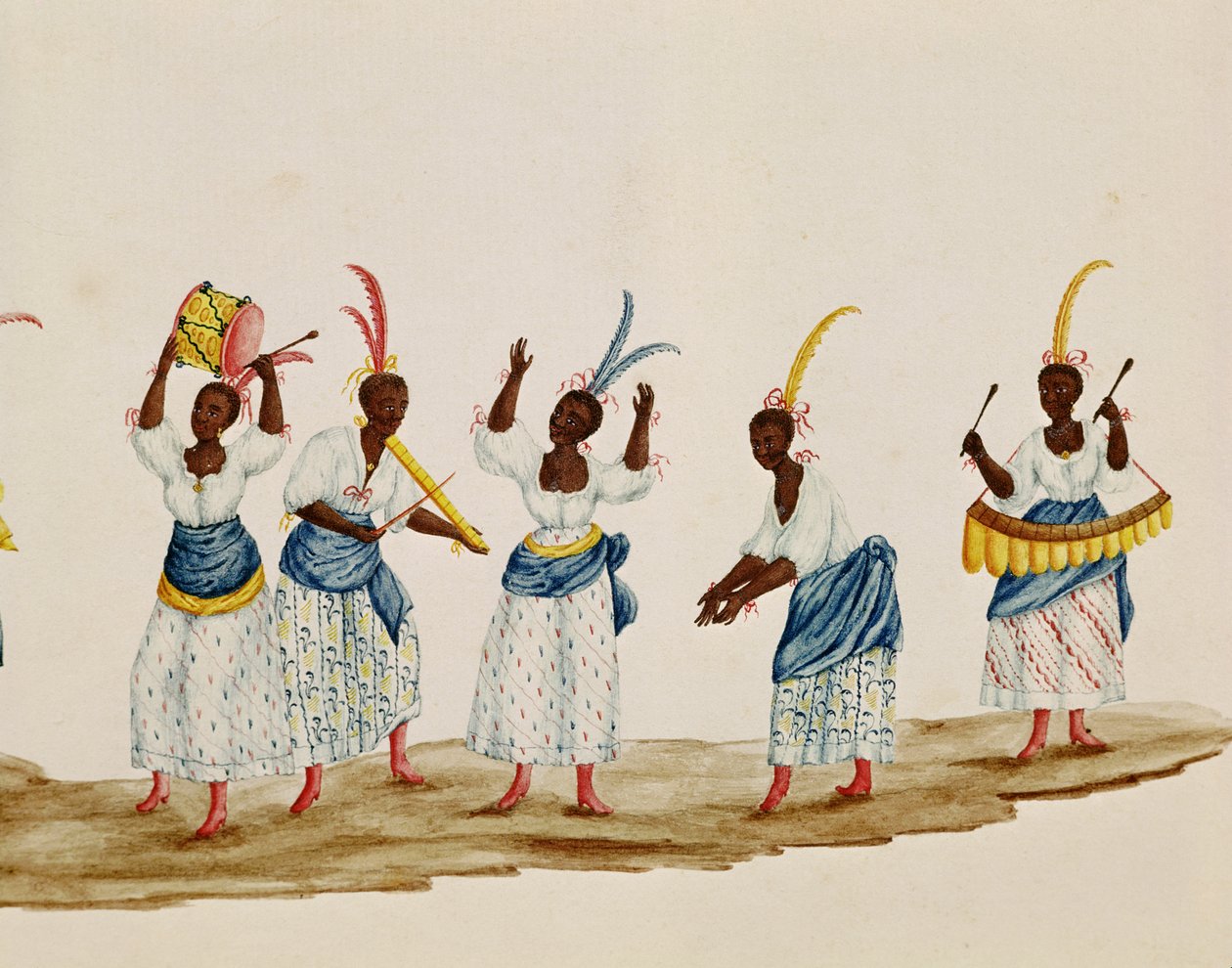 Queen and her Suite, detalj som föreställer dansare och musiker av Carlos Juliao