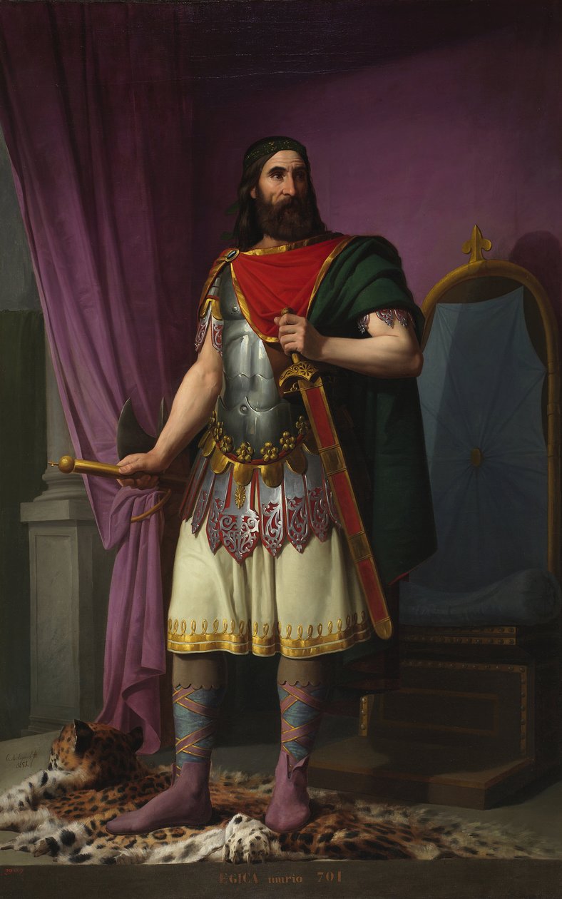 Porträtt av den Wisigoth kung Egica av Spanien (eller Egicca, Egiza, Ergica) (687-702) (Wisigothic kung Egica) Målning av Carlos Maria Esquivel y Rivas (1830-1867) 1853 Domstolspalatset Madrid av Carlos Maria Esquivel