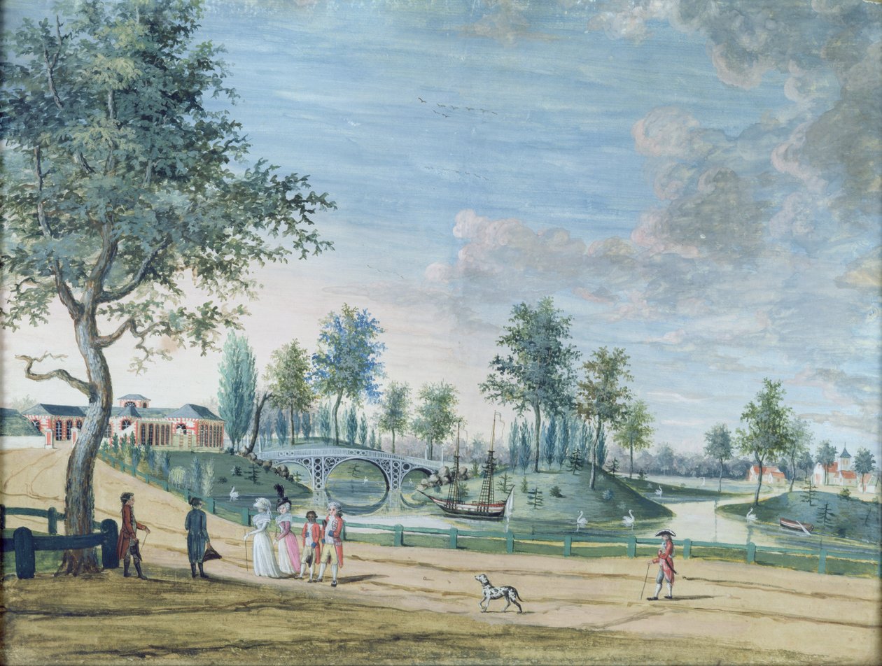 Järnvägsbron, Parc du Raincy (hertigen och hertiginnan av Chartres på väg till Orangeriet) av Louis Carrogis dit Carmontelle