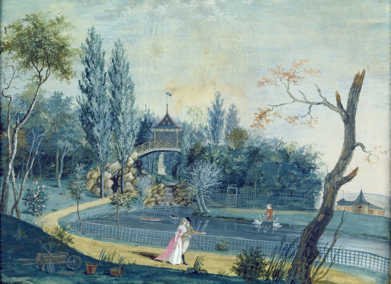 Sjön och den kinesiska paviljongen i parken vid Le Raincy, c.1754-93 av Louis Carrogis dit Carmontelle
