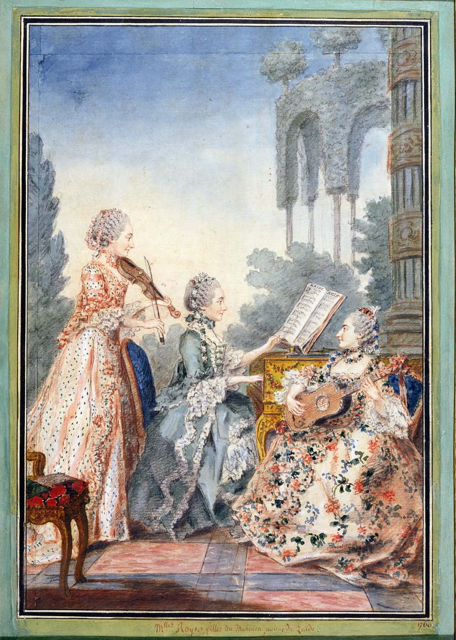 Kompositören Joseph-Nicolas-Pancrace Royers (ca 1705-55) tre döttrar spelar musik från hans balett Zaide, ca 1760. av Louis Carrogis dit Carmontelle