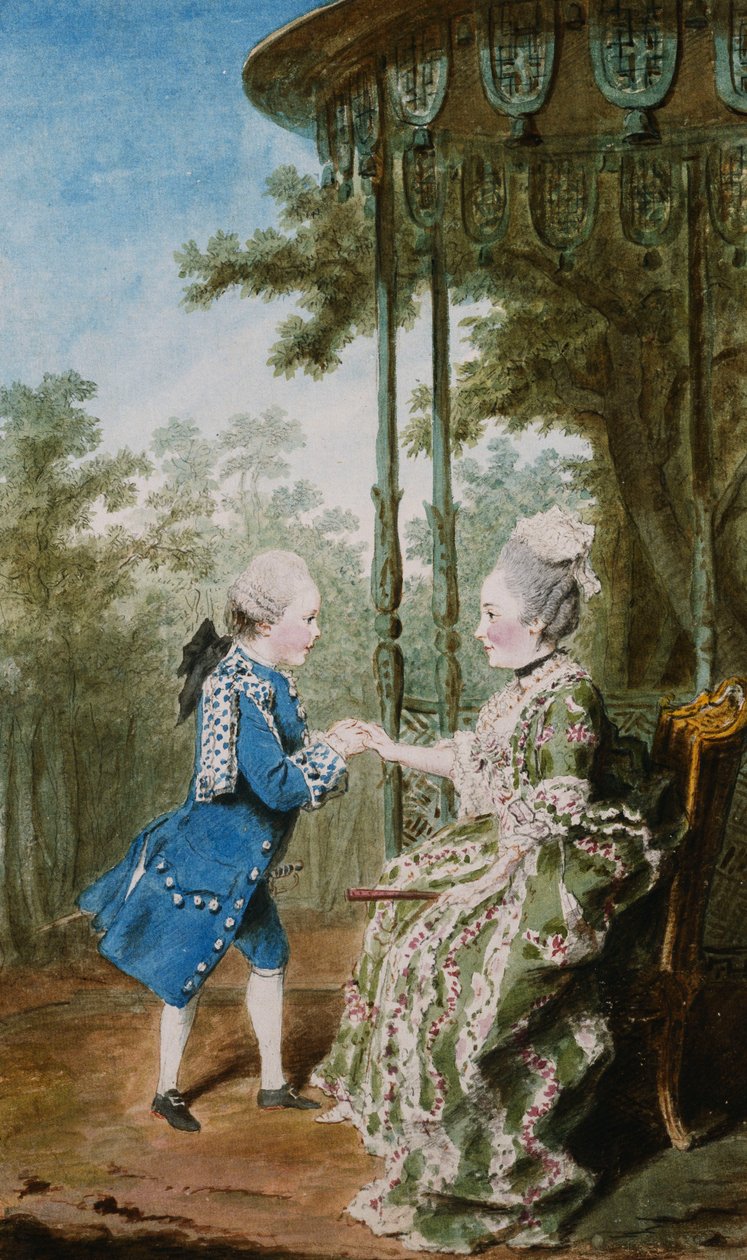 Prinsessan av Salm sitter med sin son, prinsen av Salm, vid en kinesisk paviljong, av Carmontelle