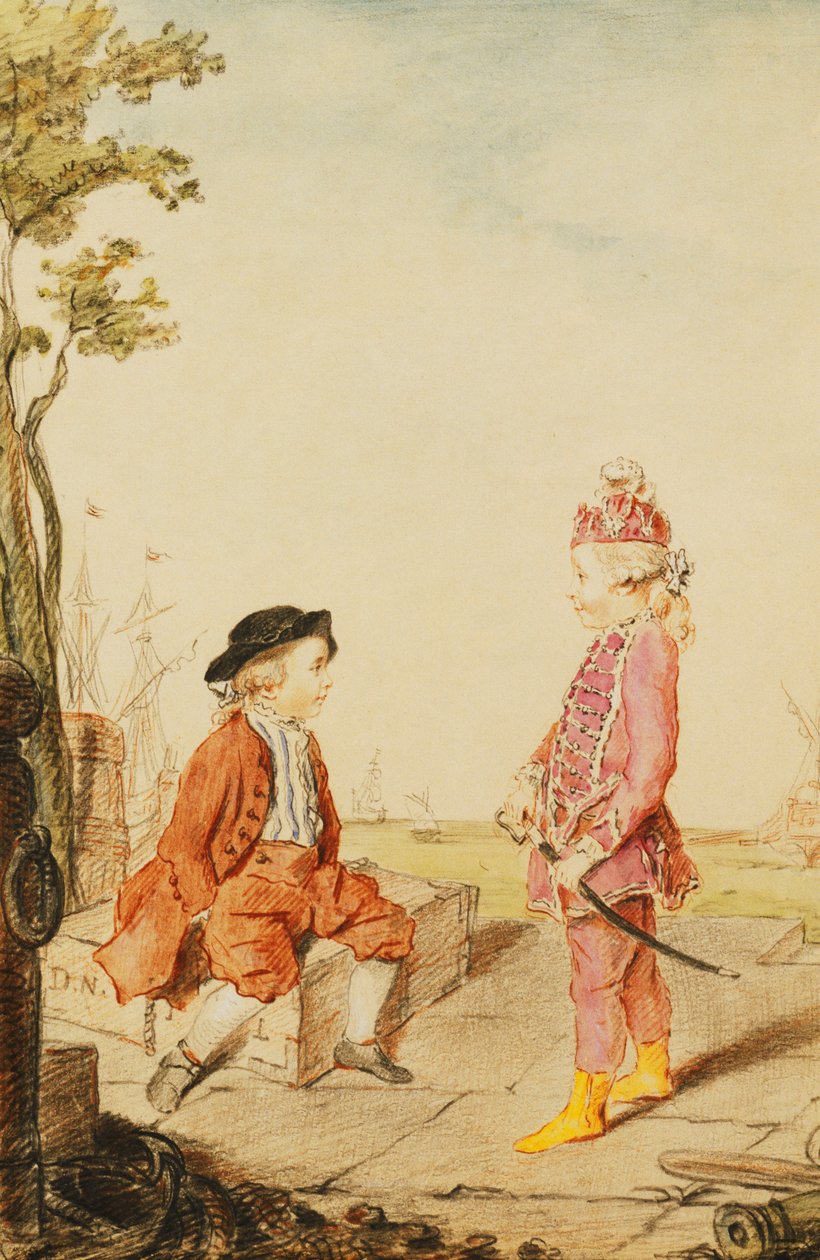 De två ungdomliga de Neuville-bröderna, på en kaj, 1767 av Carmontelle