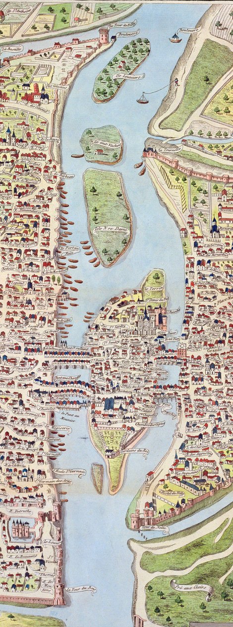 Detalj av Ile de la Cité, från kartan över Paris ca. 1540, känd som Plan de la Tapisserie, tillverkad som gobeläng c.1570, 1818 färggravyr av Caroline Naudet