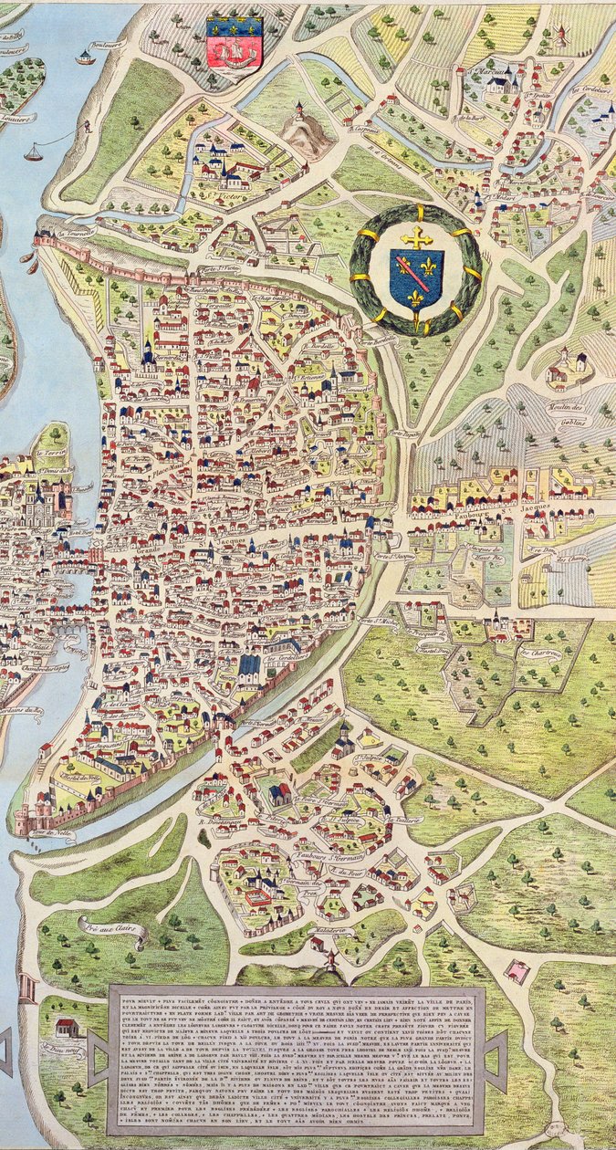 Detalj av den vänstra stranden, från kartan över Paris ca. 1540, känd som Plan de la Tapisserie, tillverkad som gobeläng c.1570, 1818 färggravyr av Caroline Naudet