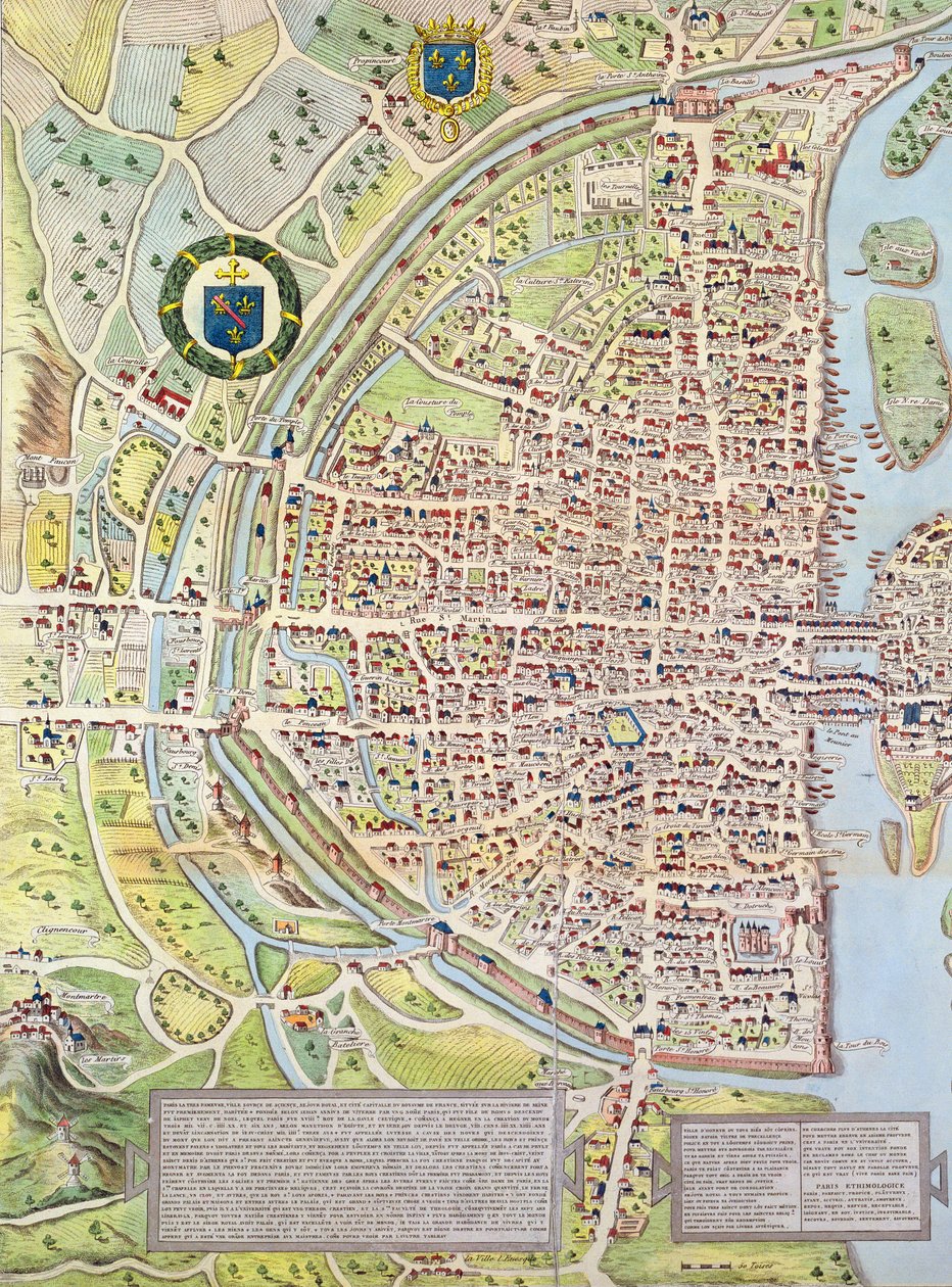 Detalj av högra stranden, från kartan över Paris ca. 1540, känd som Plan de la Tapisserie, tillverkad som en gobeläng ca. 1570, 1818 färgstick av Caroline Naudet