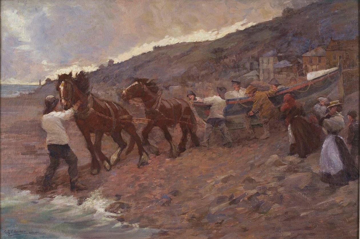 Launching the Lifeboat (olja på duk) av Caroline St Clair Graham