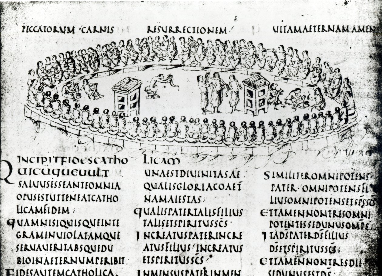 Illustration av en scen från en av psalmerna, från Utrecht Psalter, kopia av original från Reims nu i Utrecht University Library (penna och bläck) av Carolingian School